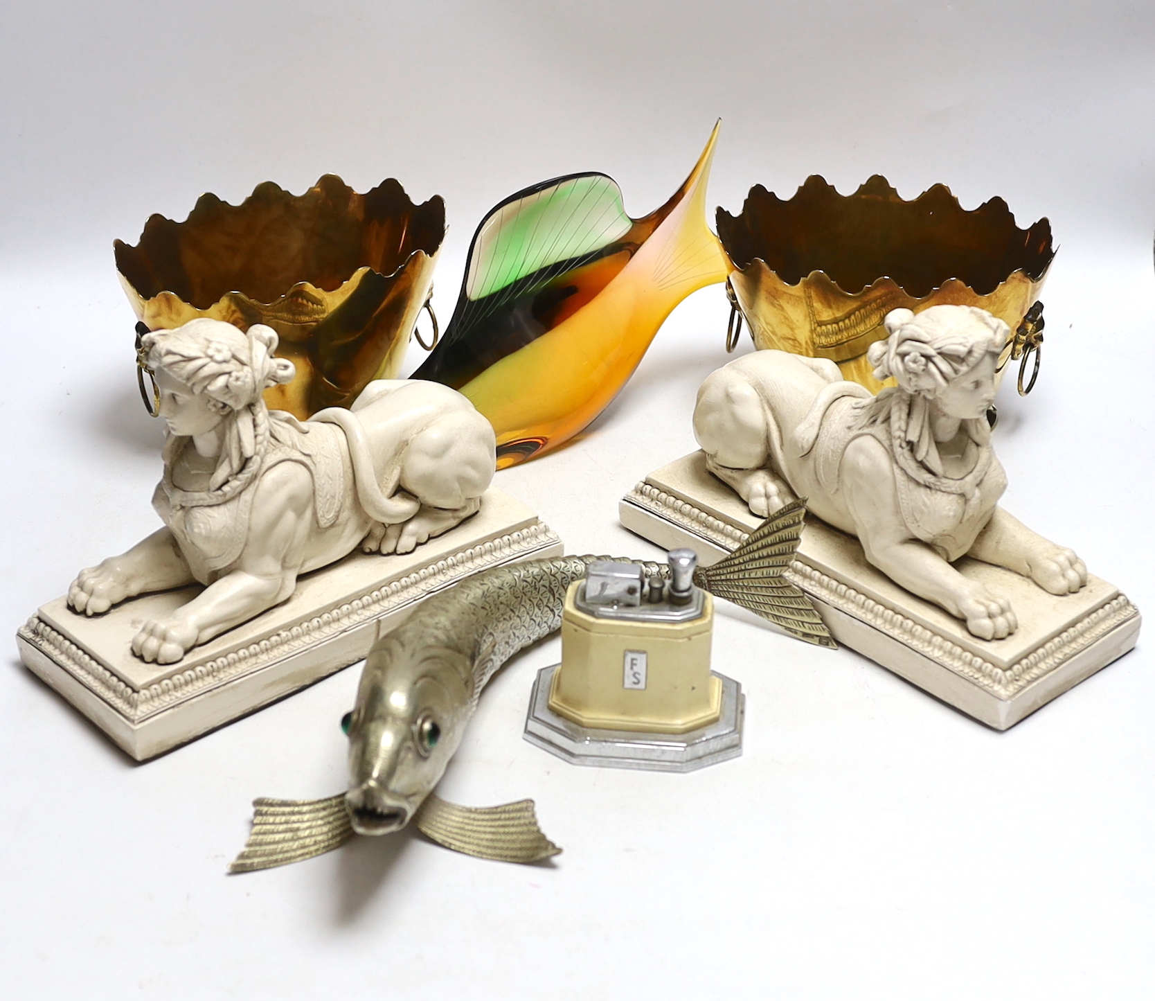 Sundry items including a Czechoslovakian glass fish, a pair of resin Sphinx models and a Chinese white metal articulated fish
